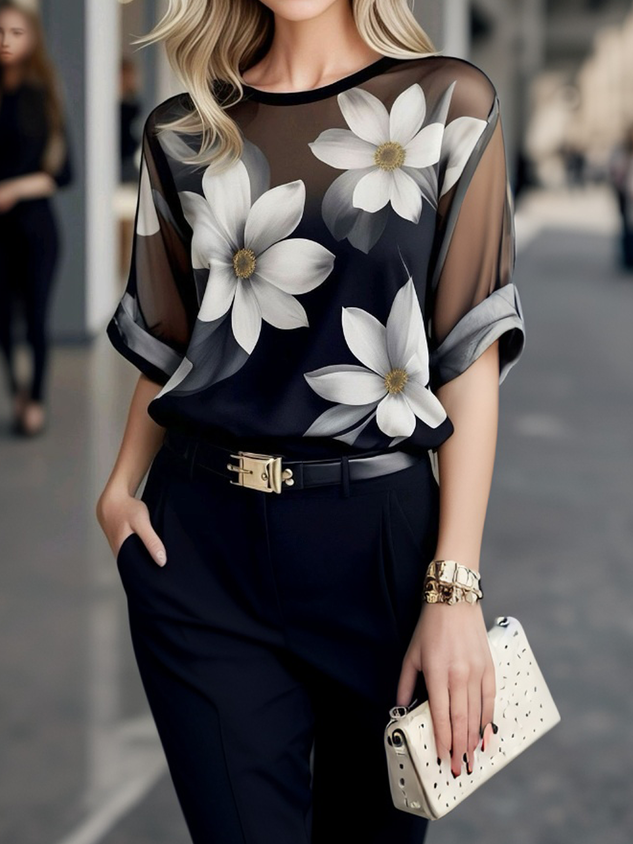 Casual Floral Printing Crew Neck Blouse