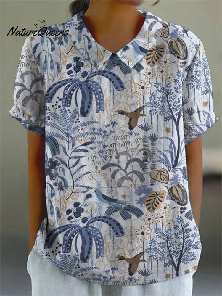 Women's Vintage Floral Art Print Casual Cotton And Linen Shirt