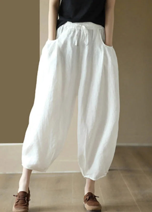 Plus Size White Wrinkled Tie Waist Linen Lantern Pants Summer