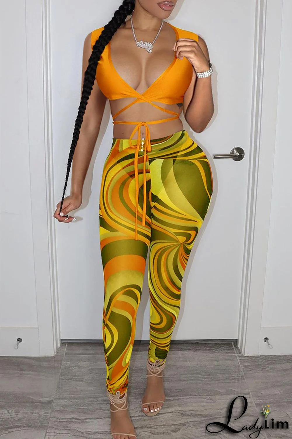 Orange Fashion Sexy Print Bandage V Neck Sleeveless Two Pieces