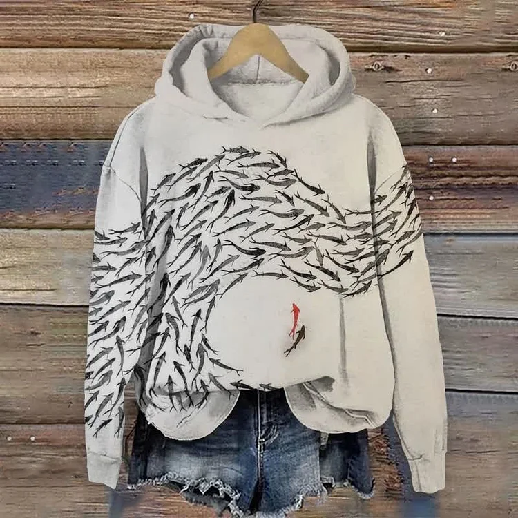 Vintage Fish Art Print Long Sleeve Hoodie