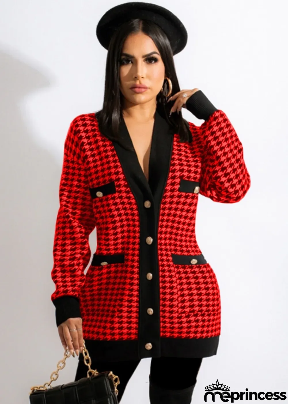 Winter Trendy Red Plaid Button Up long Sleeve Coat