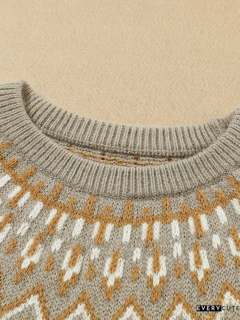 Cozy Gray Geometric Knit Round Neck Sweater
