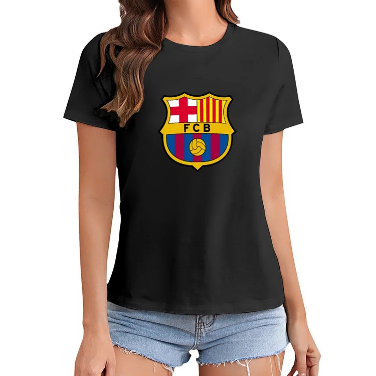 FC Barcelone White Letters T-Shirt À Col Rond À Manches Courtes Gildan Pour Femme