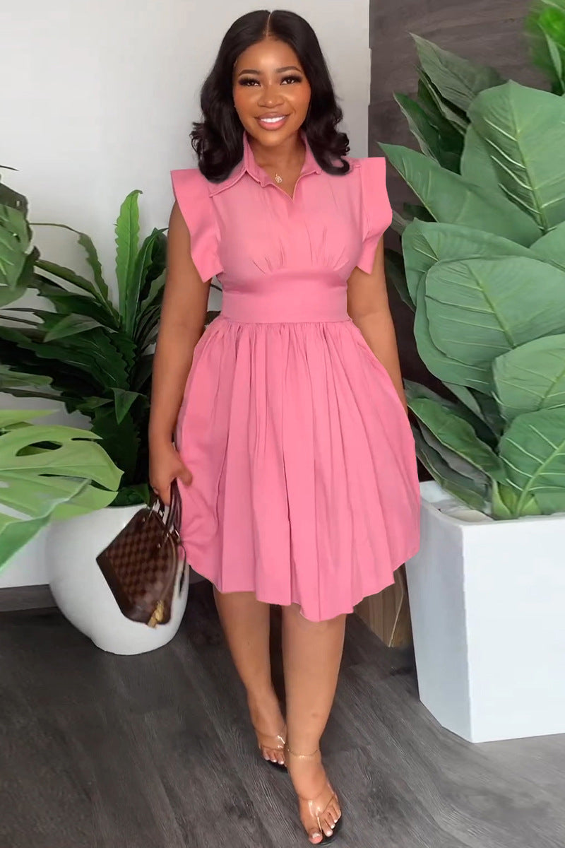 Pleated Turn Down Collar Chic Mini Dress