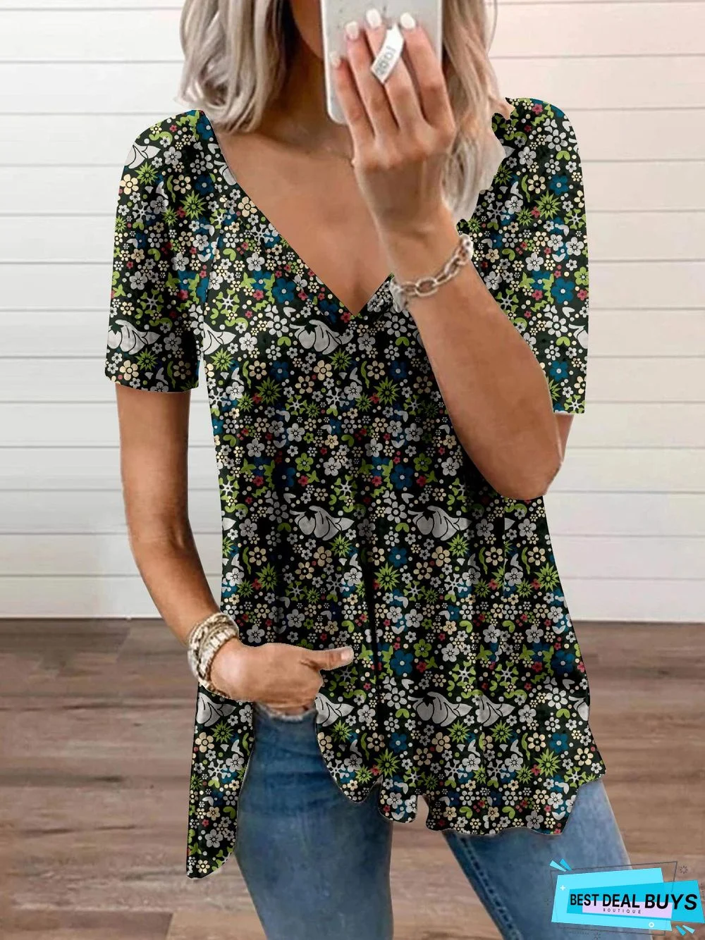 Floral V Neck Loosen Short Sleeve T-Shirt