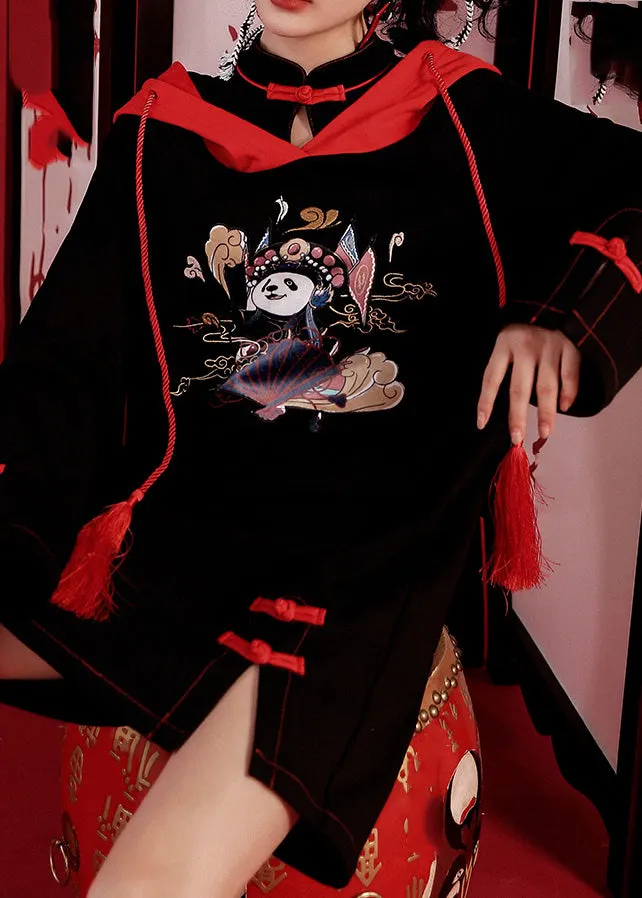 Elegant Black Print Drawstring Button Hooded Mid Dresses Long Sleeve