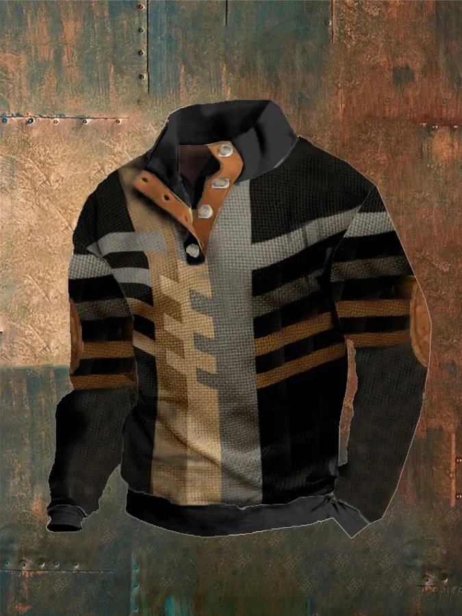 Men's Vintage  Patchwork Buttons Print Casual Sweatshirt