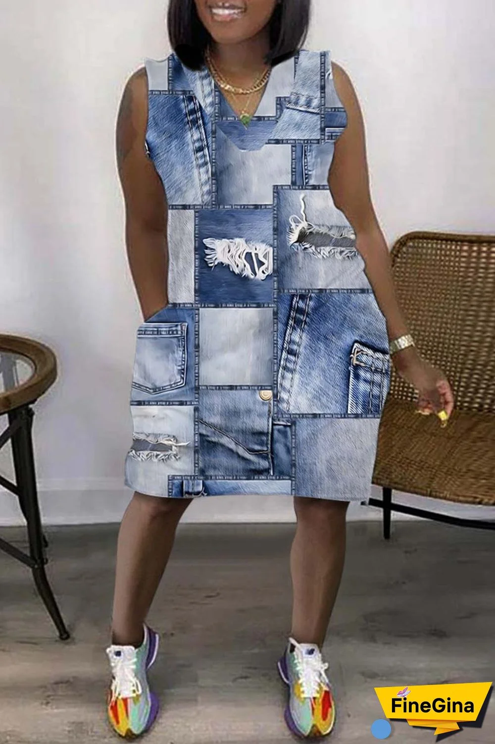 Coffee Casual Print Basic V Neck Sleeveless Dress Dresses