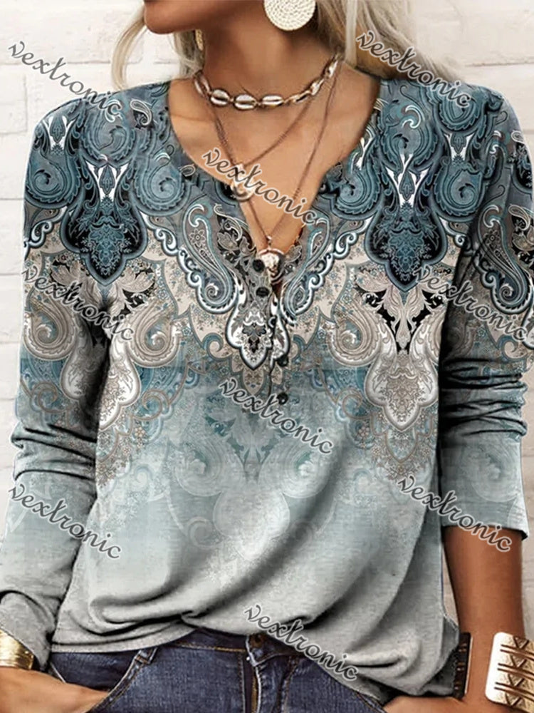 Women Long Sleeve V-neck Graphic Floral Printed Top