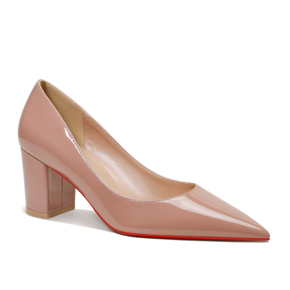 65mm Women Chunky Heels Red Bottom Shoes Comfortable Middle Block Heel Pumps-MERUMOTE