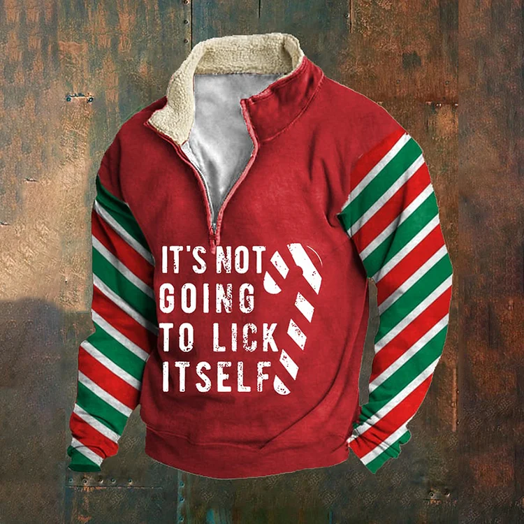 Comstylish Men's Funny Christmas It's Not Going To Lick Itself Candy Cane Print Zippered Wool Collar Sweatshirt