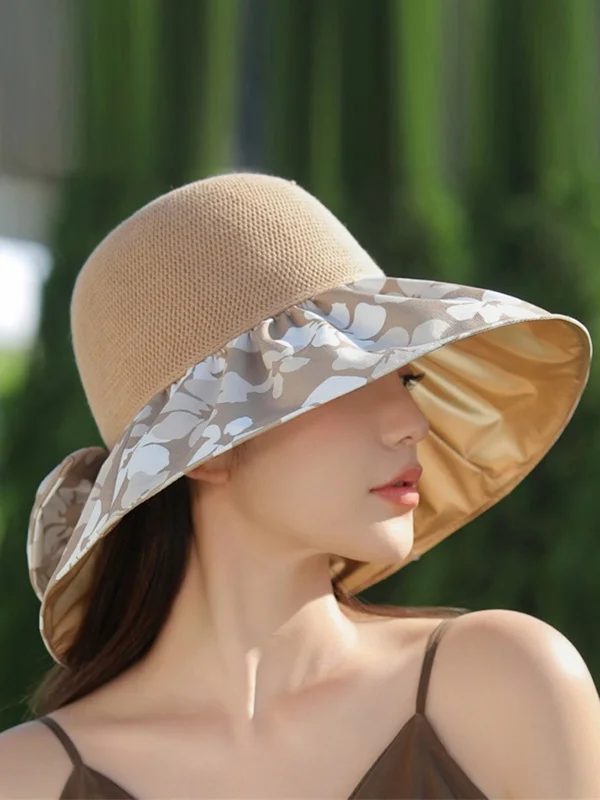 Sun Protection Split-Joint Pleated Flower Print Bowknot Sun Hat Fisherman Hat