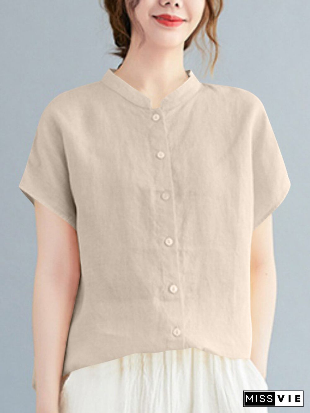 Cotton Solid Button Stand Collar Short Sleeve Casual Blouse