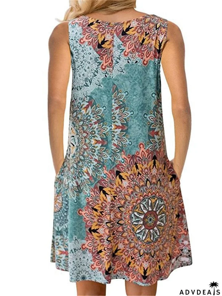 Sleeveless Printed Pullover Round Neck Dresses