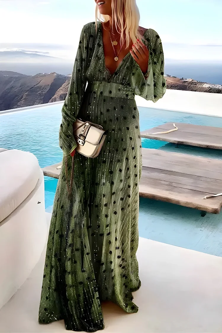 Vacation Elegant Polka Dot Patchwork Sequined V Neck A Line Dresses