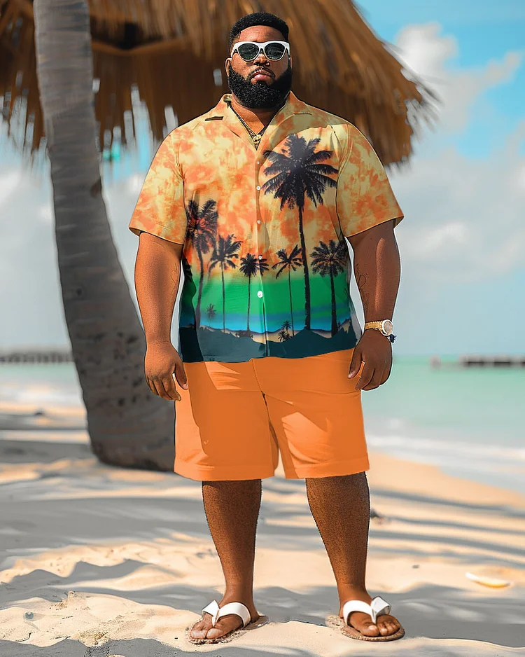 Men's Plus Size Hawaiian Sunset Coconut Tree Print Shirt Shorts Suit