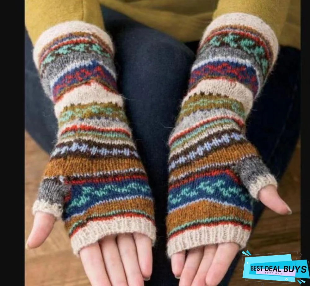 Women Vintage Color-block Geometric Fingerless Gloves