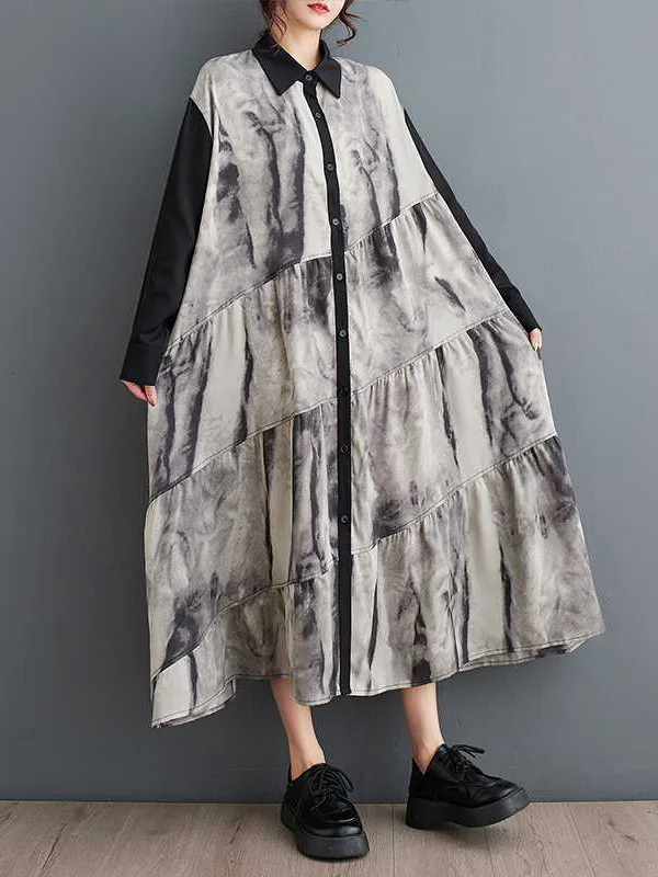 Buttoned Printed Split-Joint Wash Painting A-line Long Sleeves Lapel Shirt Dress Midi Dresses