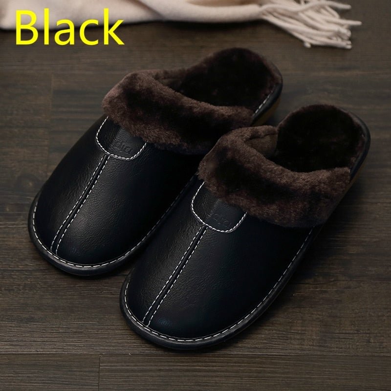 Men Leather Slippers Winter PU Leather Slippers Warm Indoor Slipper Soft Waterproof Home House Shoes Men Warm Leather Slippers