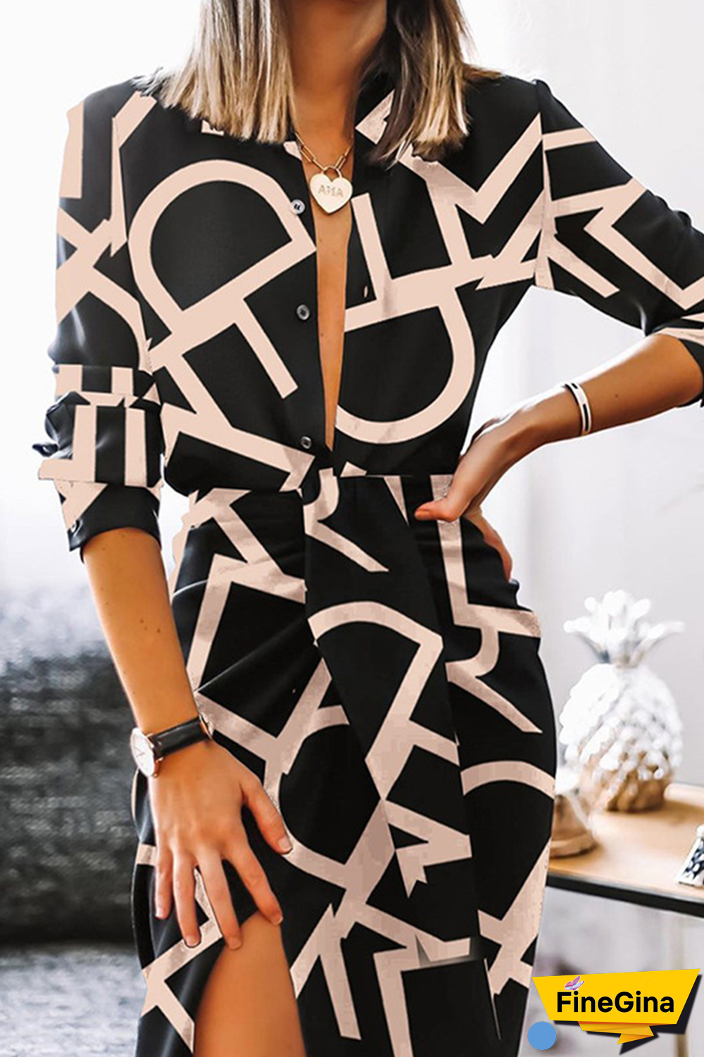 Casual Print Turndown Collar Shirt Dress Dresses