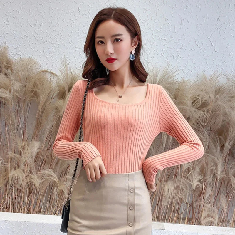 Oocharger Soft Women Pullover Sweater Autumn Long Sleeve Square Collar Knitted Korean Slim Elastic Jumper Casual Winter Basic Top