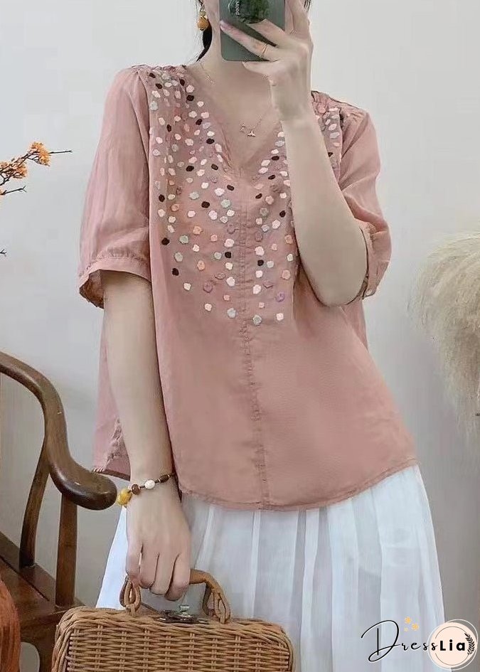 Loose Grass Green V Neck Embroideried Cotton Tops Half Sleeve