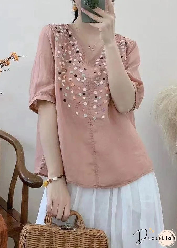 Loose Grass Green V Neck Embroideried Cotton Tops Half Sleeve