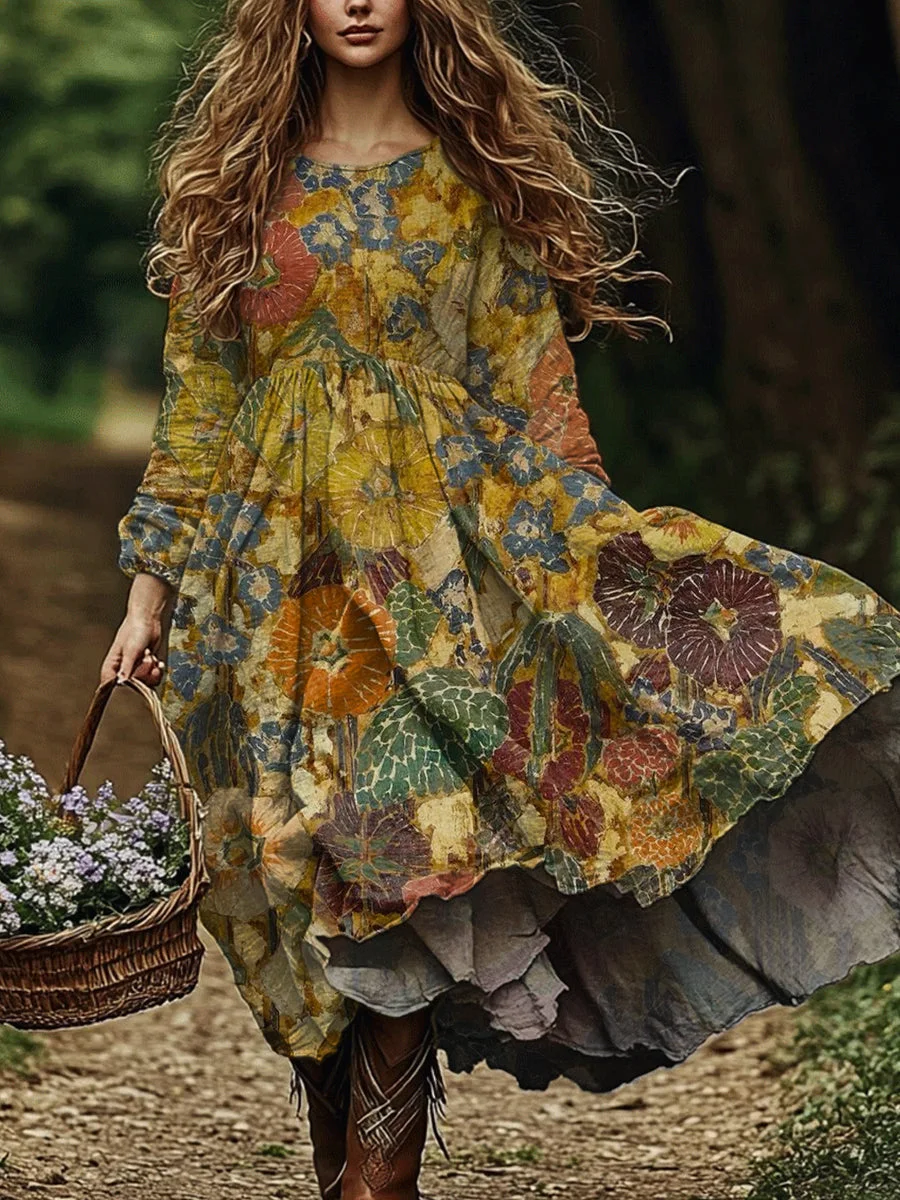 Women's Vintage Floral Print Casual Long Sleeve Dress