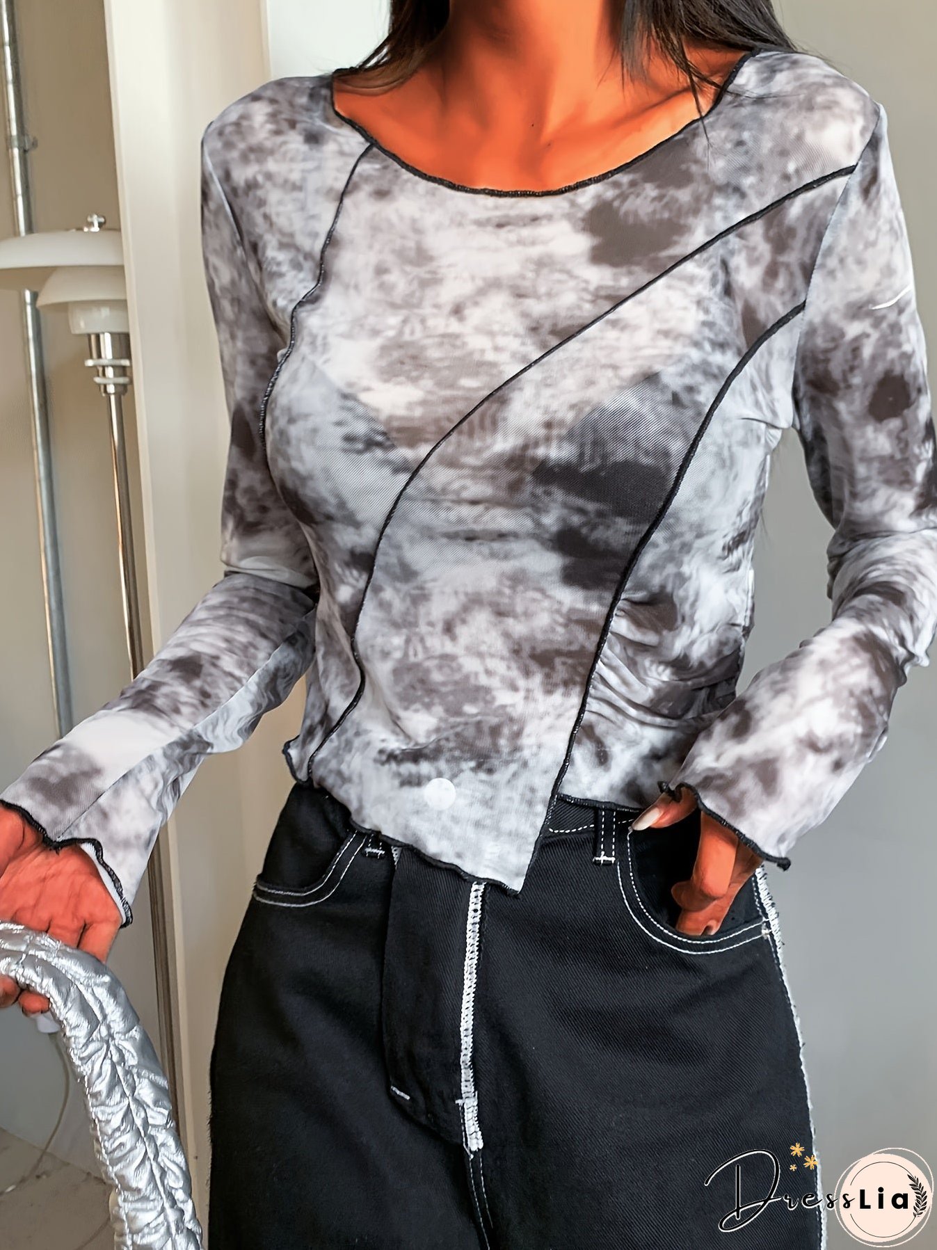All Over Print Irregular Hem Mesh T-Shirt Casual Long Sleeve Top For Spring Summer Womens