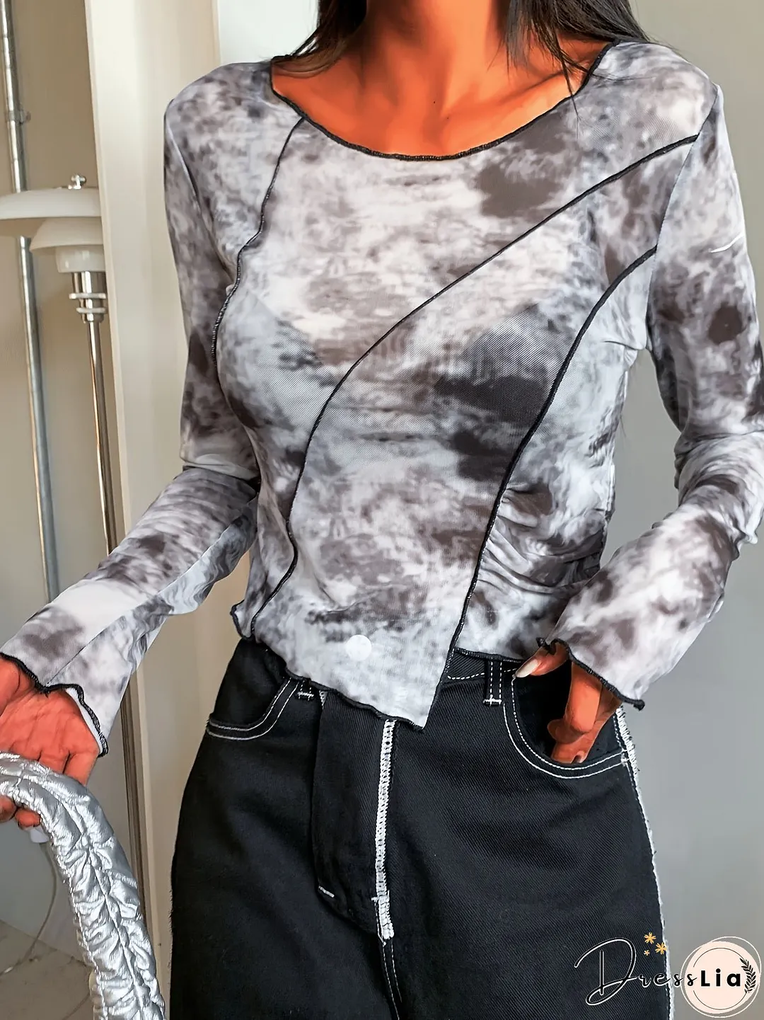 All Over Print Irregular Hem Mesh T-Shirt Casual Long Sleeve Top For Spring Summer Womens