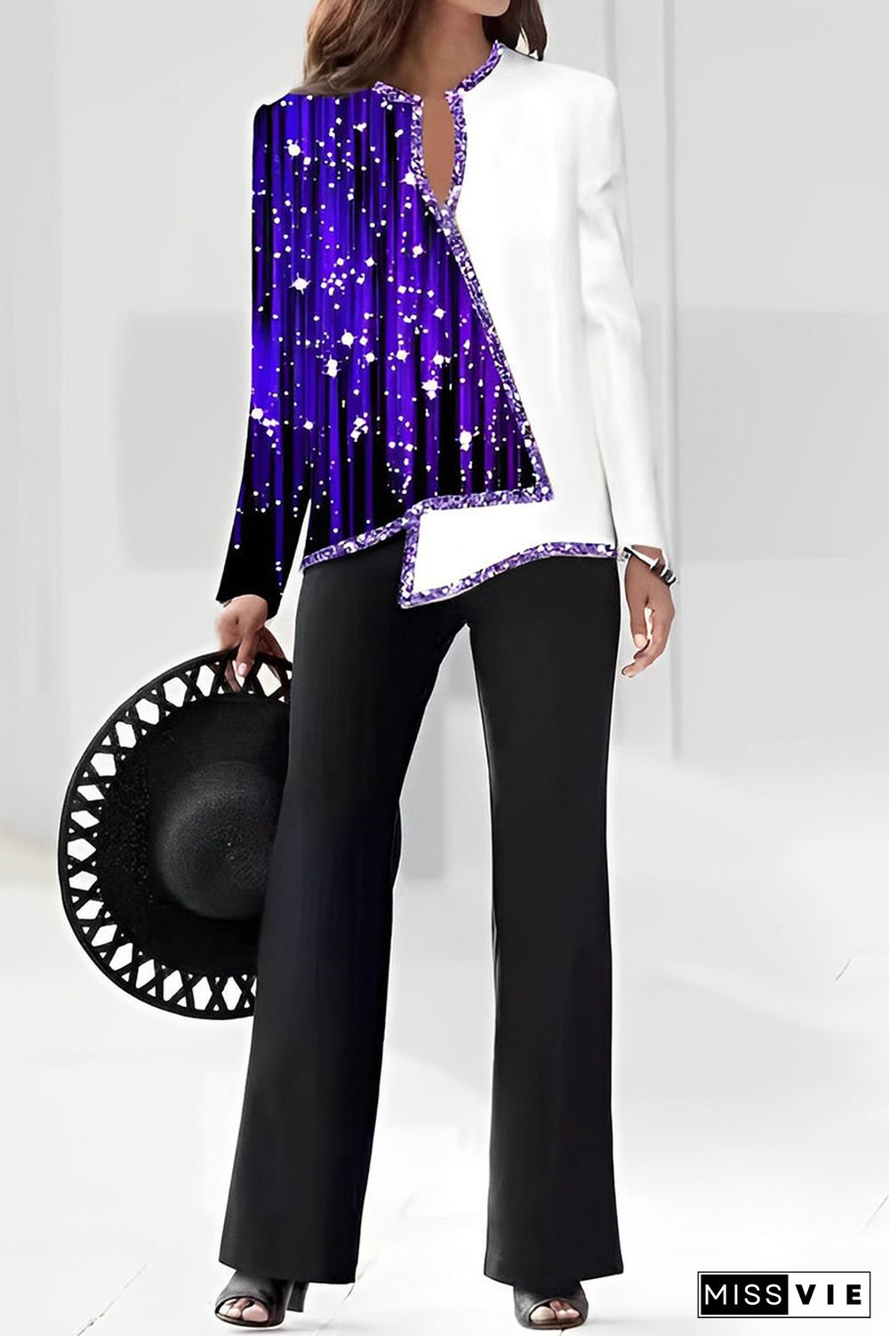 Casual Print Asymmetrical V Neck Long Sleeve Two Pieces