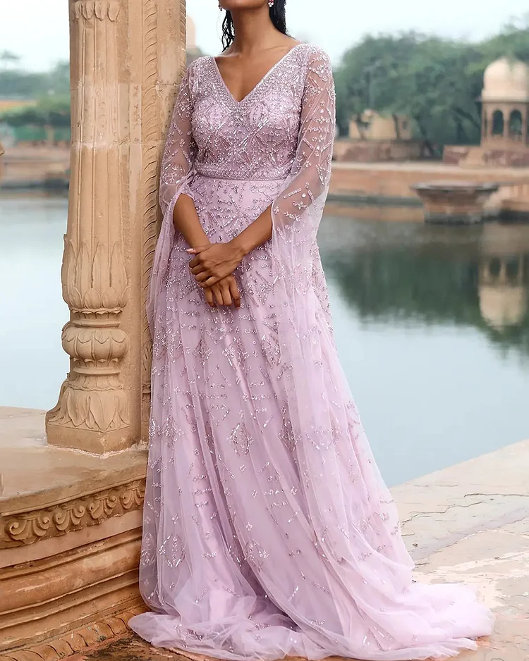 Purple Satin Embellished Cape Sleeve Gown