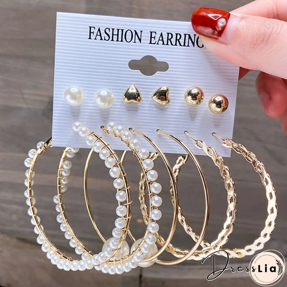 17KM Fashion Pearl Hoop Earrings Set For Women Geometirc Gold Metal Circle Hoop Earrings Brincos Trend Jewelry Gift