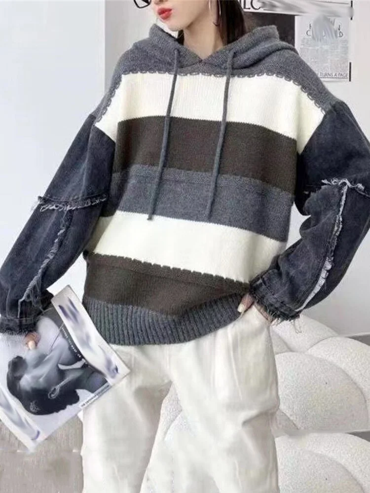 Casual Loose Hooded Contrast Color Striped Splicing Denim Long Sleeve Knitted Sweater