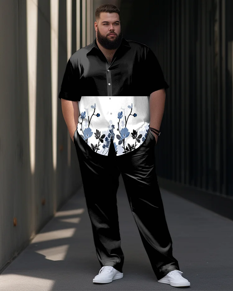 Men's Big Business Casual Colorblock Printed Short-sleeved Shirt Suit