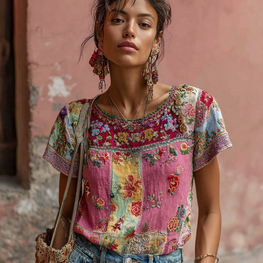 Women's Vintage Bohemian Floral Embroidery Art Round Neck Short Sleeve T-shirt wearshes