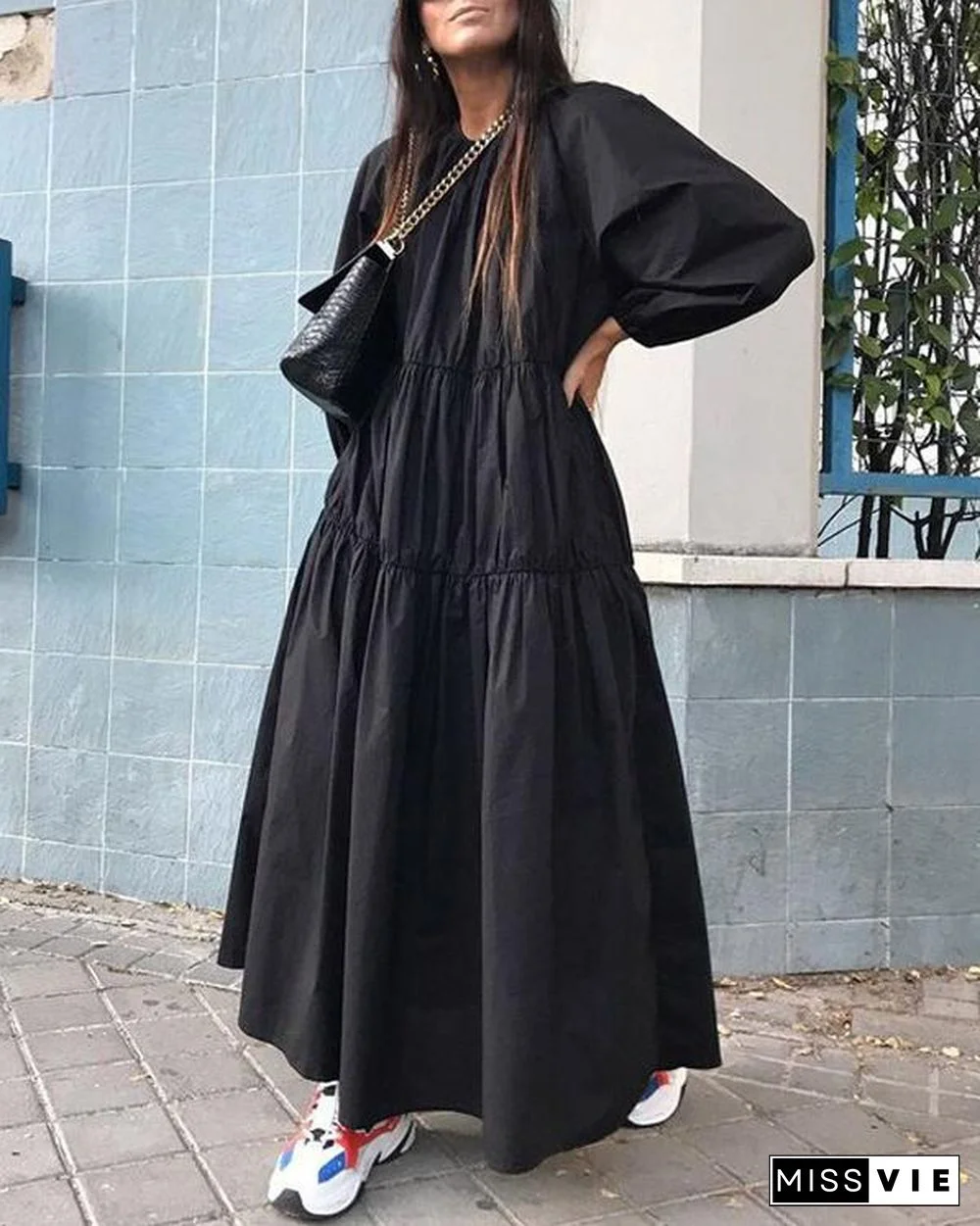 Solid Holiday Loose Pleated Crew Neck A-Line Maxi Dress