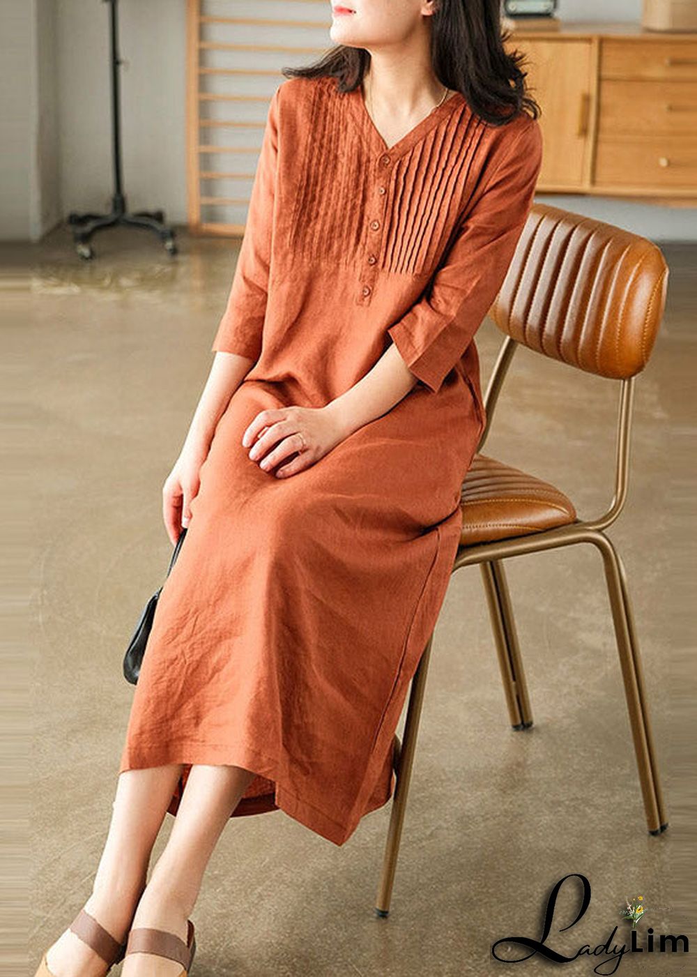 Grey Print6 Loose Linen Long Dresses Button Solid Half Sleeve