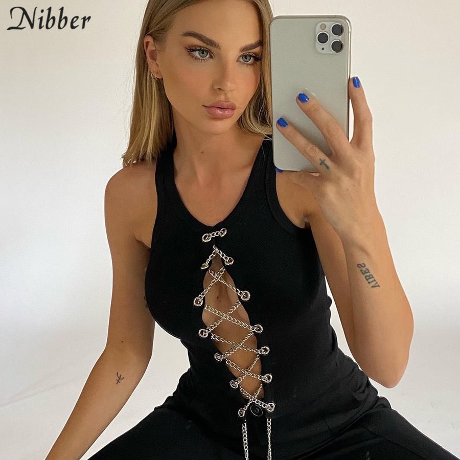 Nibber Punk Style Metal Chain Bandage Hollow Out Design Tank Top Women High Street Casual Sexy Club Wear Camisole Vest Female