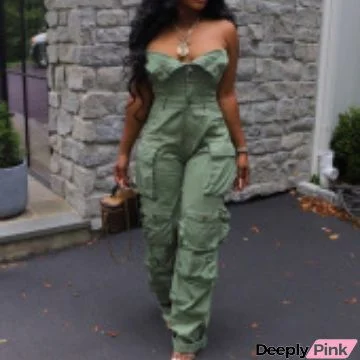 Women Fashion Sexy Strapless Single-Breasted Multi-Pocket Cargo Jumpsuits