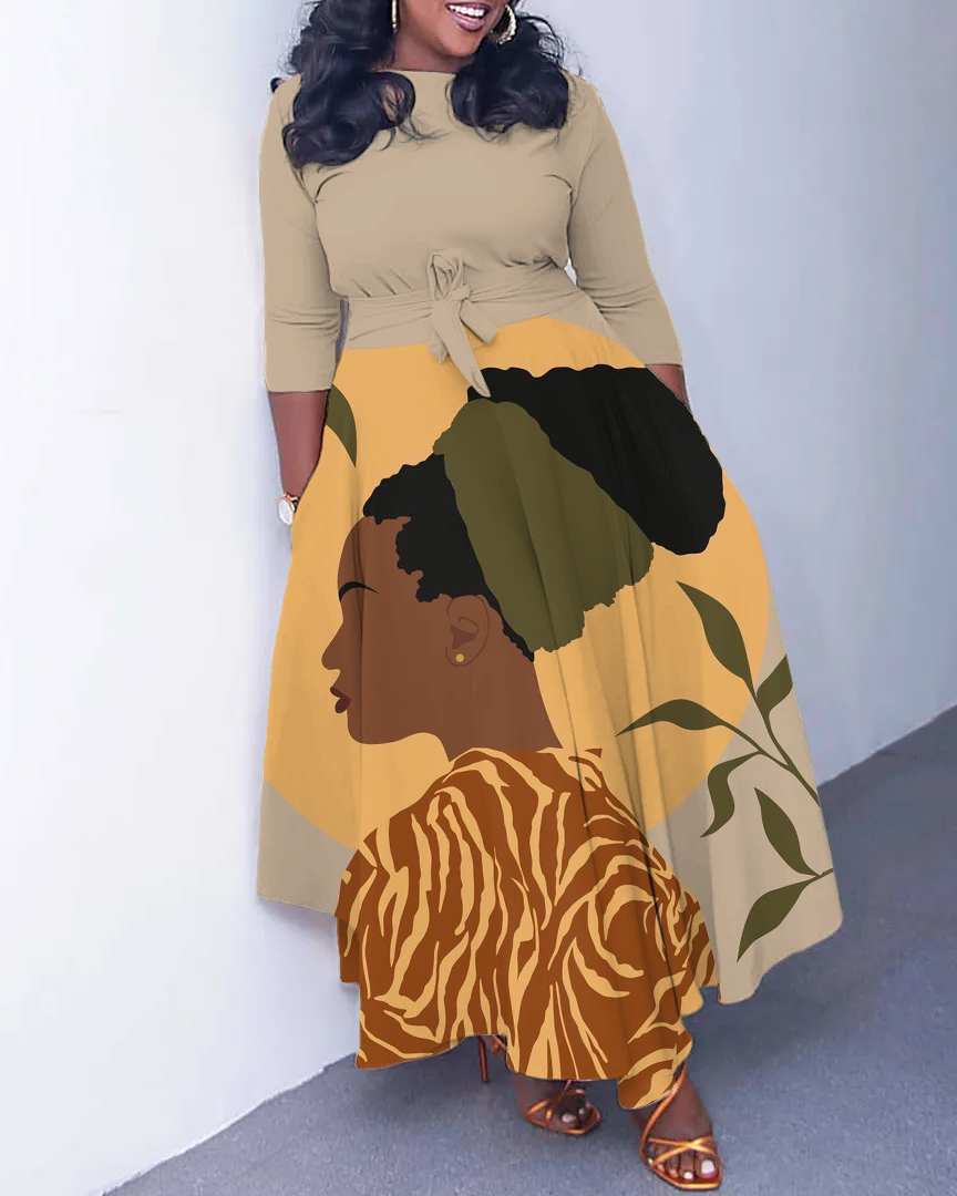 Melanin Black Women Art Long Sleeve Pockets Maxi Dress