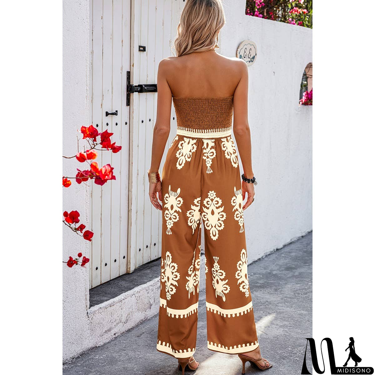 MidiSono - Off Shoulder Ruched Printed High Waist Jumpsuit
