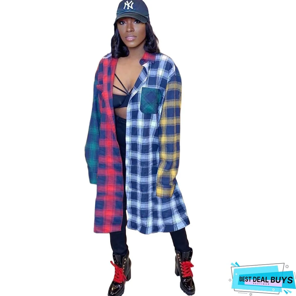 New Fashion Casual Women's Wear Color Lattice Splicing Long Suit Collar Coat