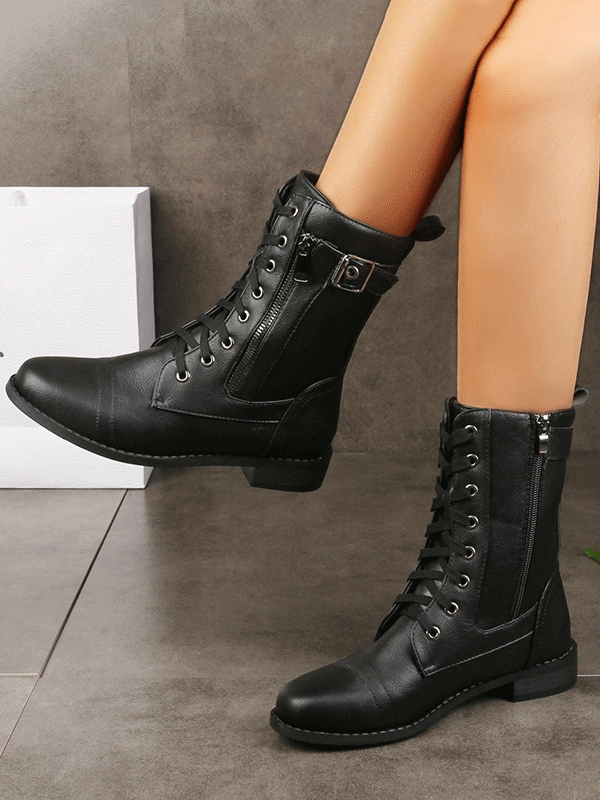 Casual Round Toe Lace Up Zipper Flat Boots shopify Stunahome.com