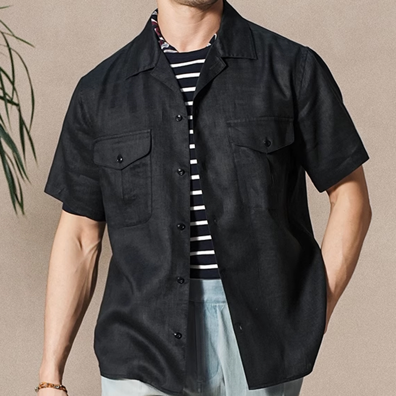 Men's Black Linen Military Cuban Collar Short Sleeve Shirt