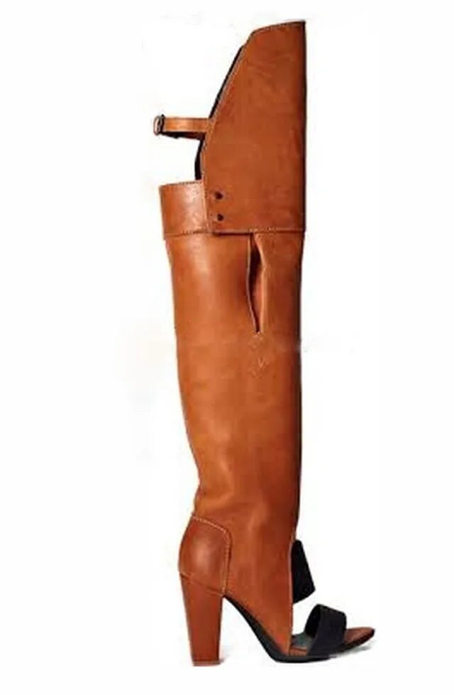 VCSHOES Front Strap Patchwork Hollow Thigh Boots Peep Toe Chunky Heels Top Straps Over Knee Boots Gladiator Ladies Runway Botas