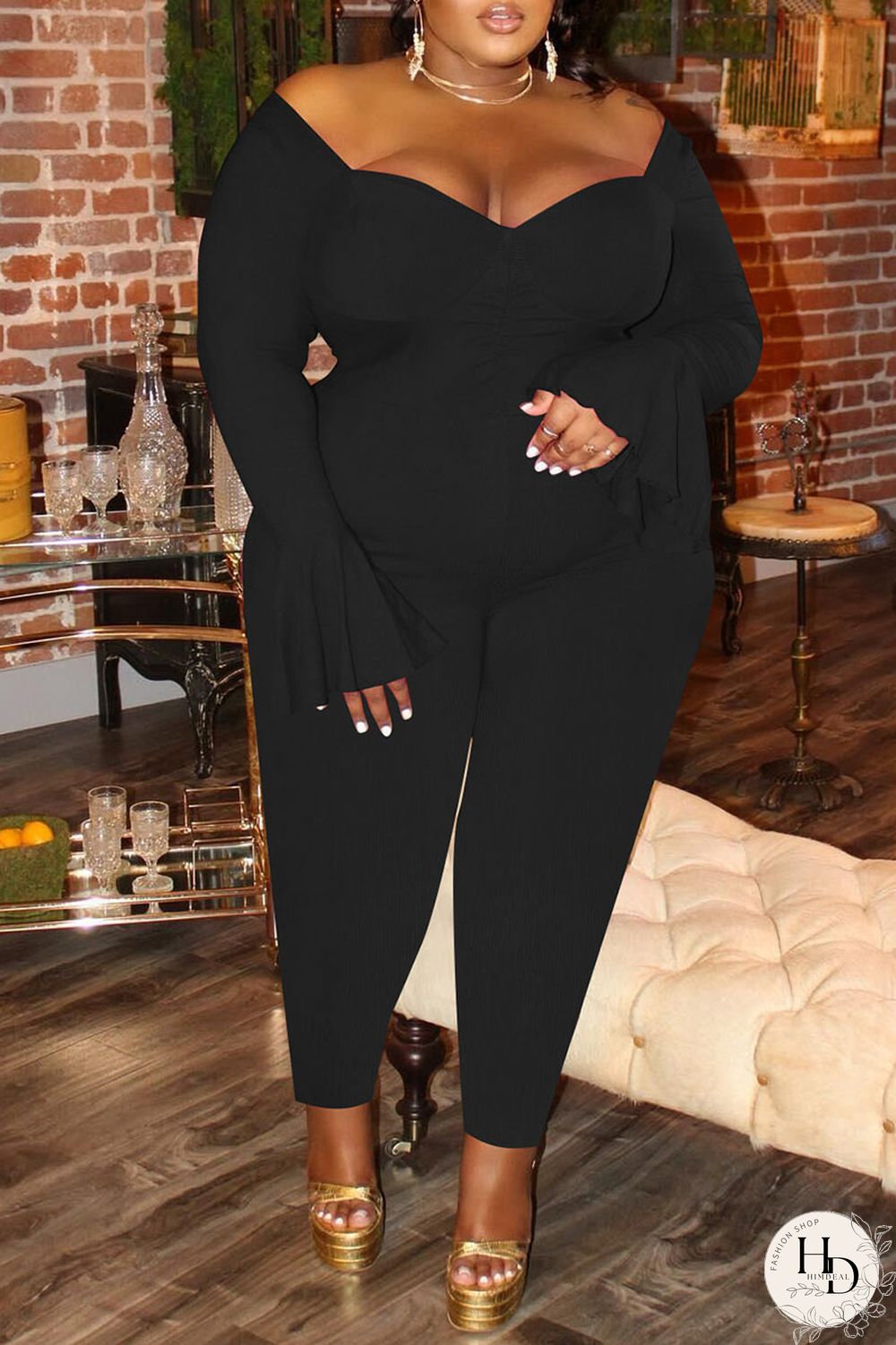 Black Sexy Solid Patchwork V Neck Plus Size Jumpsuits