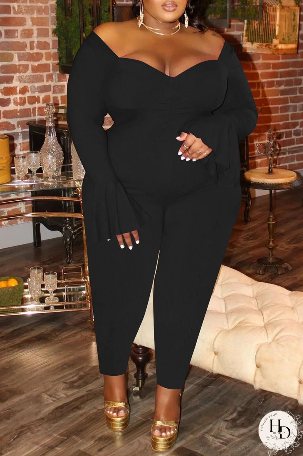 Black Sexy Solid Patchwork V Neck Plus Size Jumpsuits