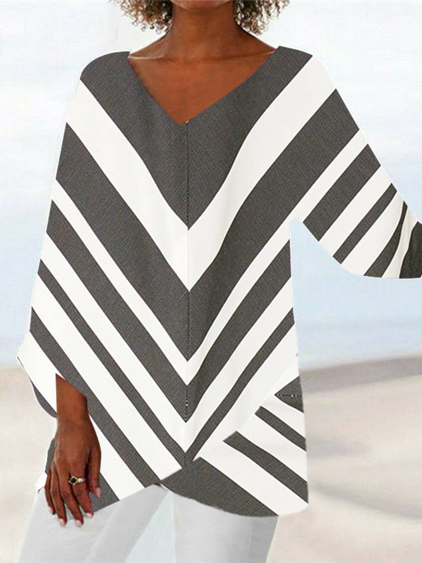 Women Asymmetrical 3/4 Sleeve V-neck Striped Printed Top Dress